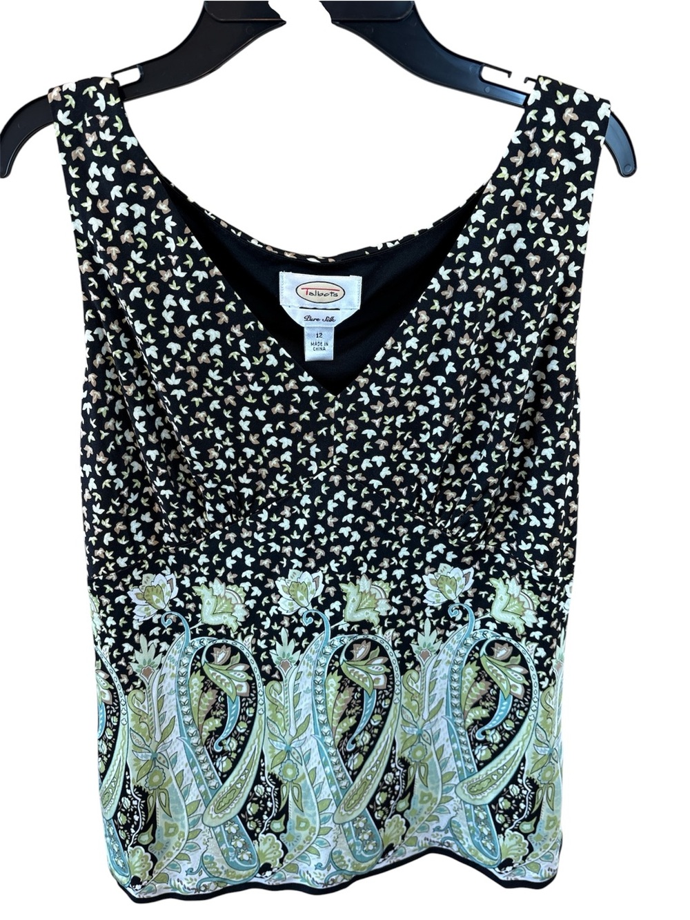 Talbots Silk Black Paisley V-Neck Sleeveless Camisole with Green Border